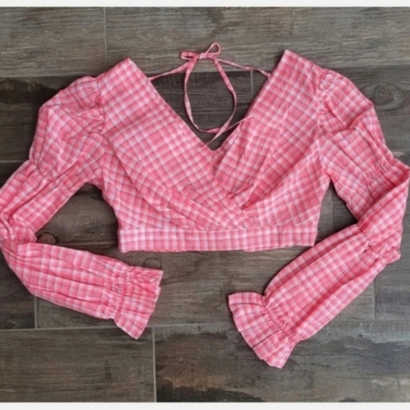 TOPSHOP Pink & White Gingham Print Long Puff Sleeve Crop Top, Size 6 - Picture 2 of 8